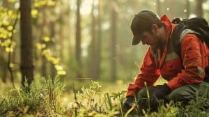 Mannelijke boswachter aan het werk in het bos